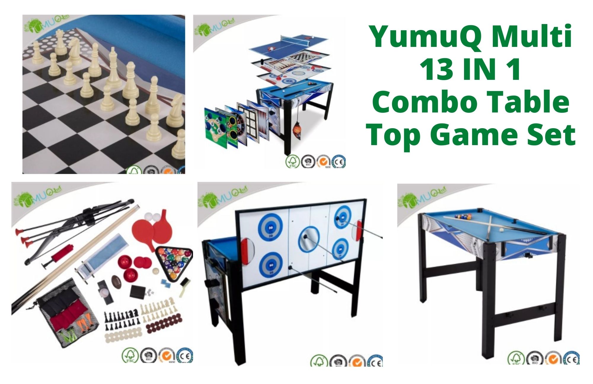 YumuQ Multi 13 In 1 Combo Table Top Game Set offers 13 games in one table such as Chess, soft tip darts, checkers, archery, backgammon and many more
