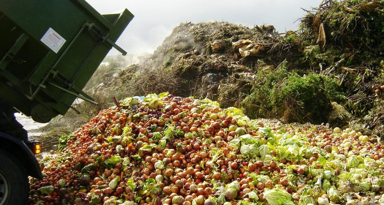A truck pouring tons of fruits and vegetables