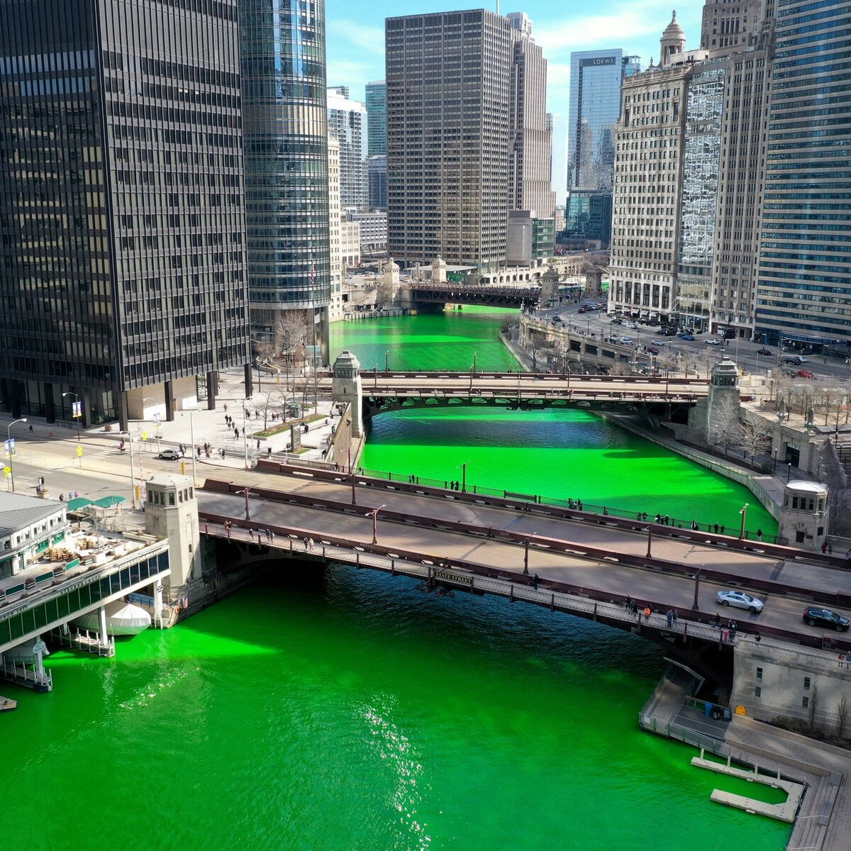 A close drone shot of green colored water of chicago river