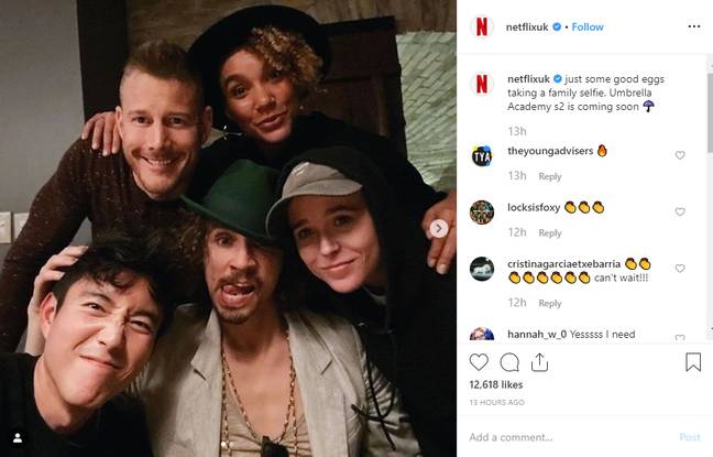 3 men and 2 women in a group photo; Netflix Twitter post about the umbrella academy season 2 confirmation