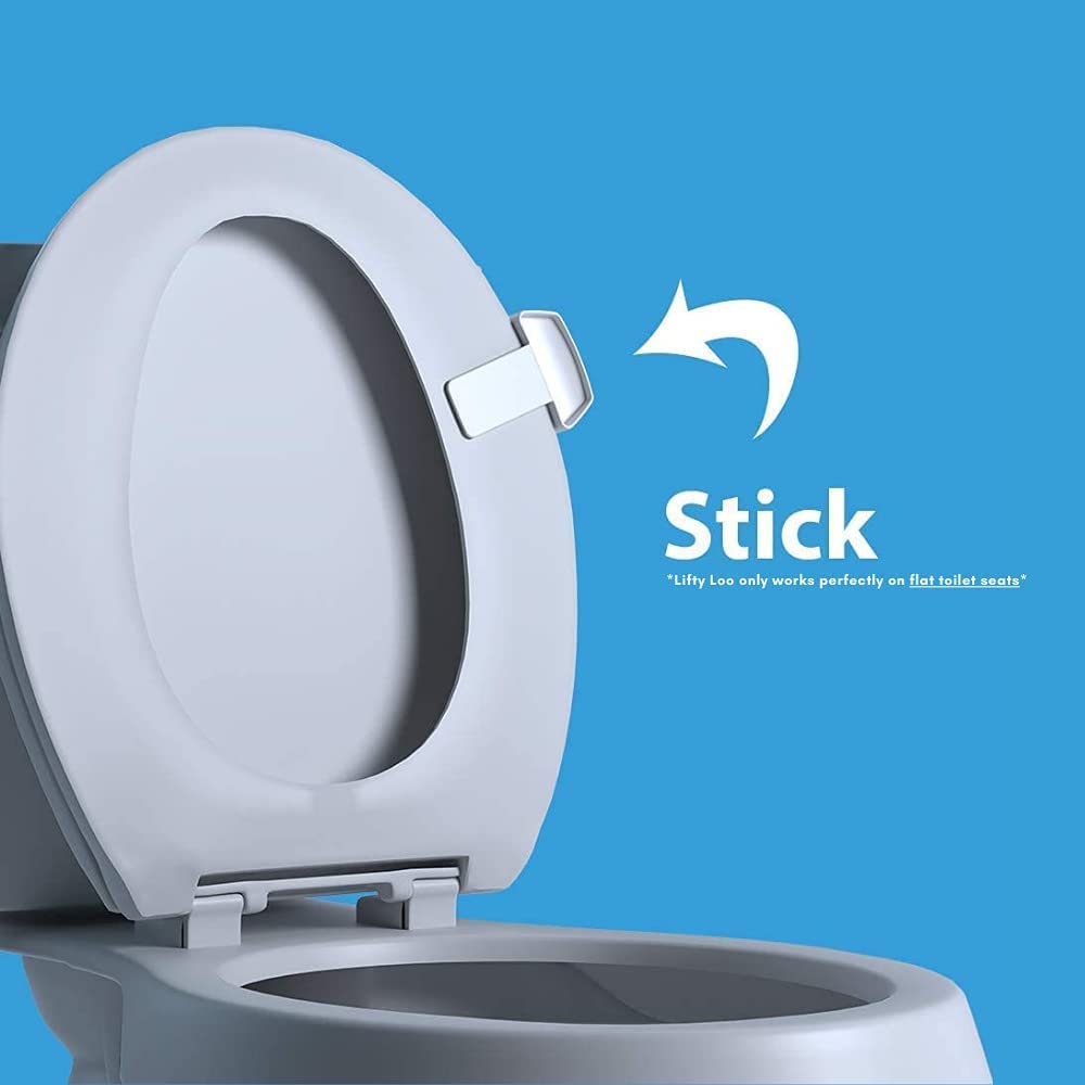 White-colored antimicrobial toilet seat handle on a light blue commode