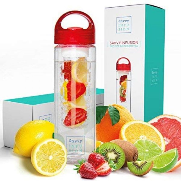A water bottle with fruits inside