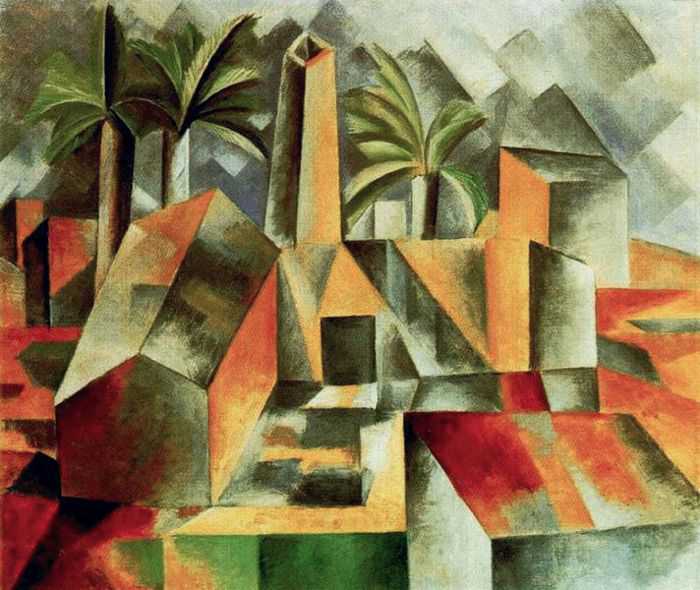 Green, orange, and red-colored house semi-transparent cubism art