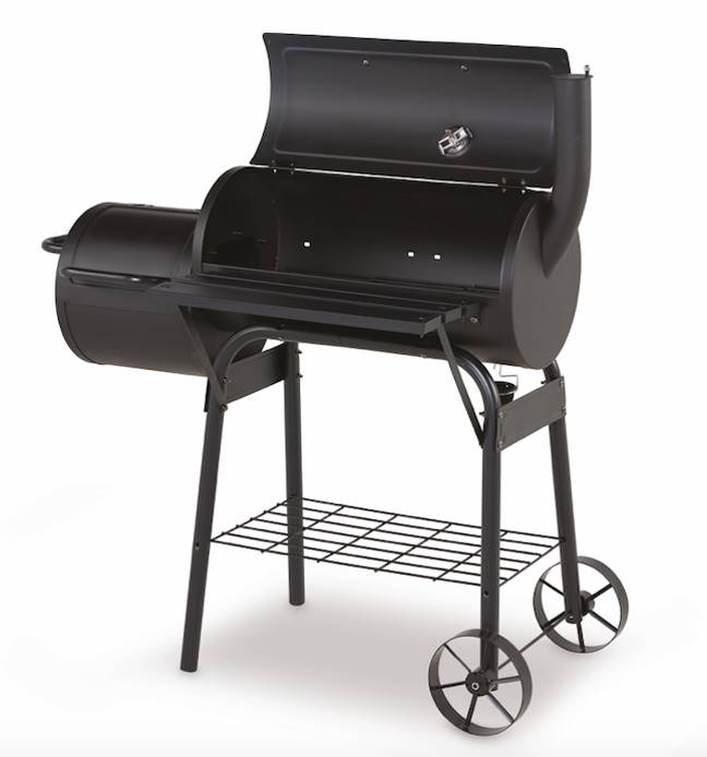 Black colored Aldis special buy smoker bbq which consists of two cylindrical drums connected at one point