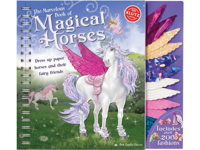 A magical book cover with a unicorn and a pegasus including a set of blue, white, pink, yellow, and shimmery pink wings