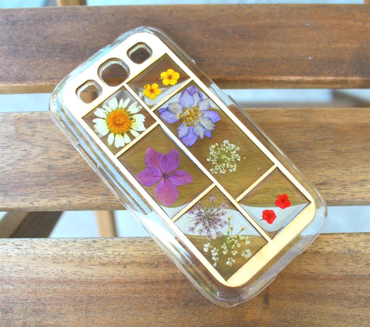 White daisy, dandelion, mini pink flowers, blue flower, and mini yellow flower pressed into a transparent case place on a brown wooden bench