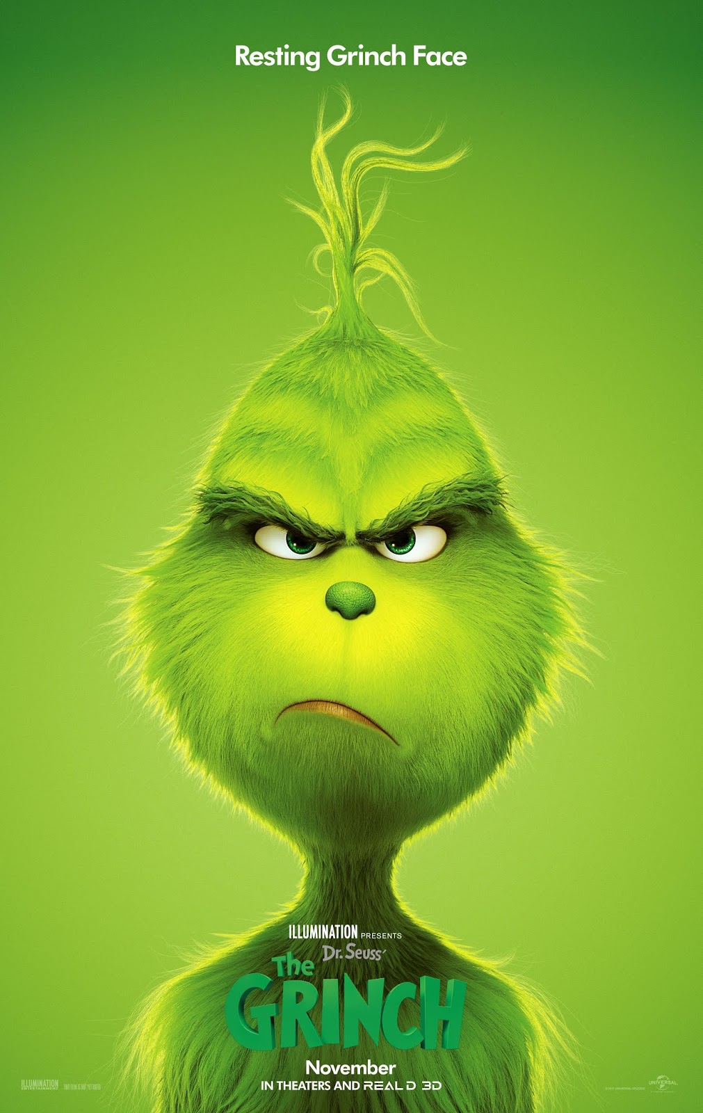 Green hairy grinch in a grumpy mood in front of a green background