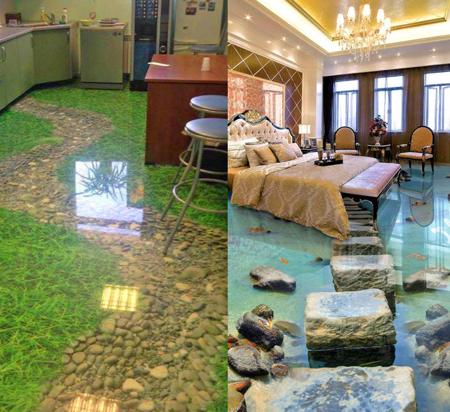 The realistic epoxy floor of a garden path and a lake with stones