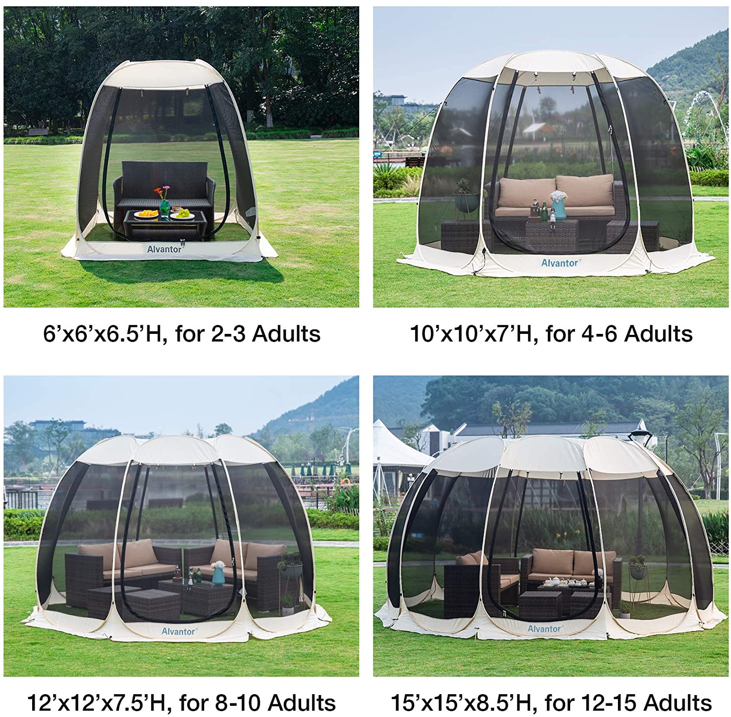Four different sizes of screened tent canopy yard porches in the garden