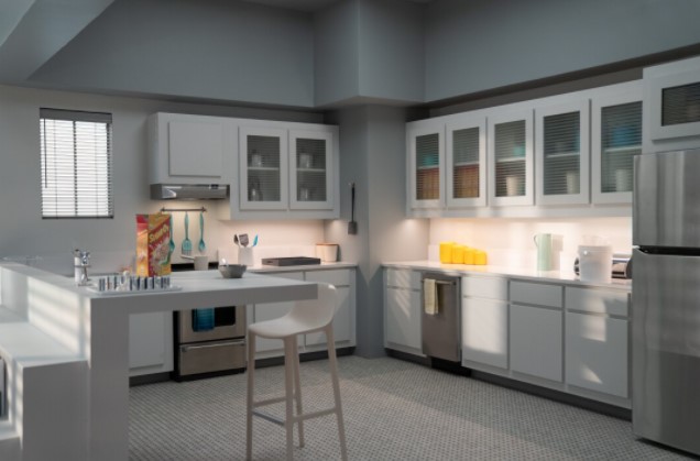 Guy's apartment's kitchen is seen in "Free Guy" by 20th Century Studios