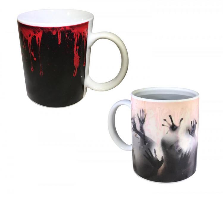 Two Black, red and white mugs with zombie impression