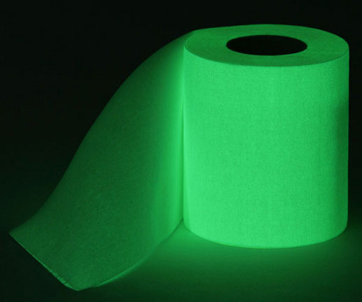 A toilet paper illuminated with green glowing light
