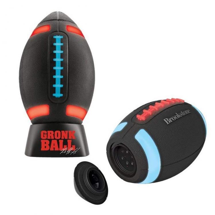 A black gronk ball football speaker with red and blue details