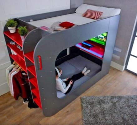 Red and grey colored Pod Bed Ultimate Gaming Bed on a dark brown wooden floor
