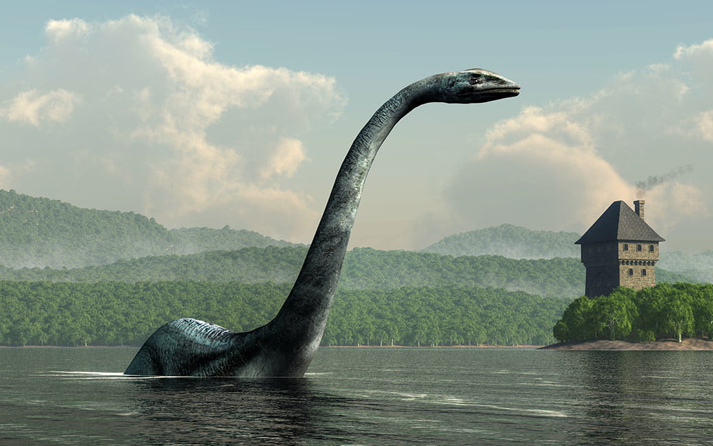 An illustration of the loch ness monster rising from a scottish lake