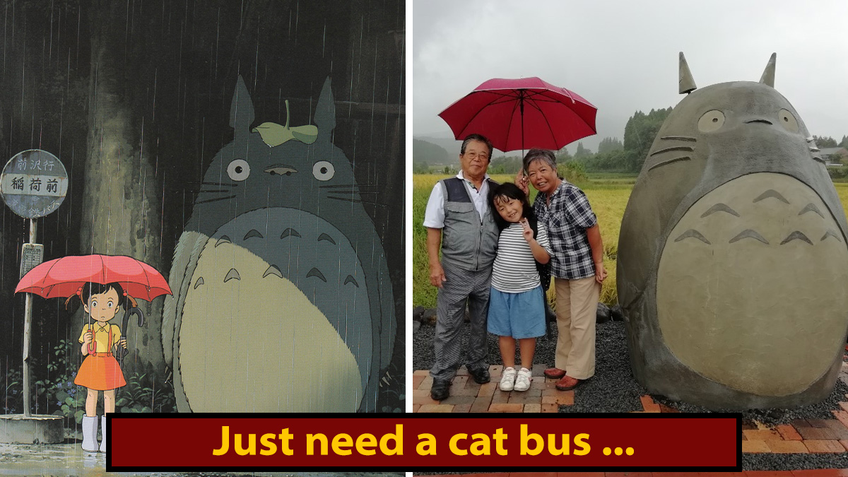 Animated version a girl holding a red umbrella standing next to Totoro; grandparent with their grandkid holding a red umbrella standing next to Totoro sculpture in the fields