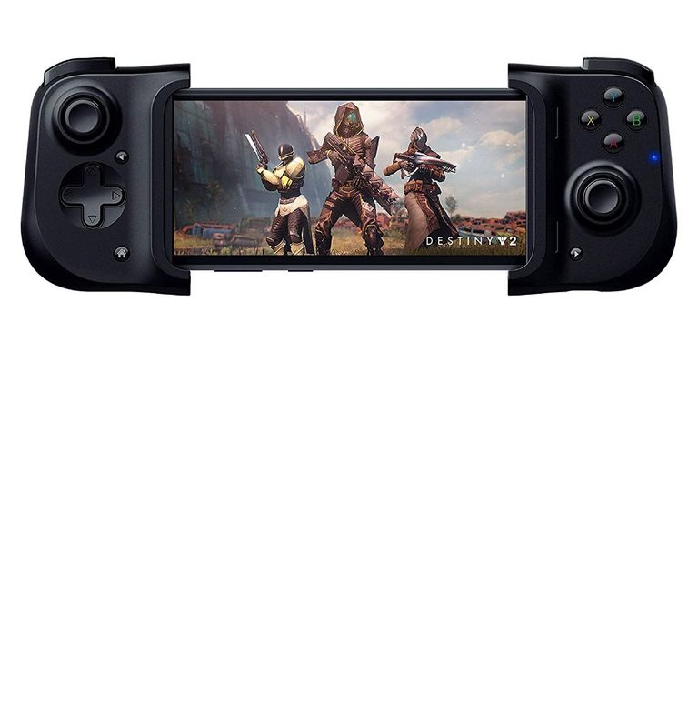Black colored controller on each side of black android phone