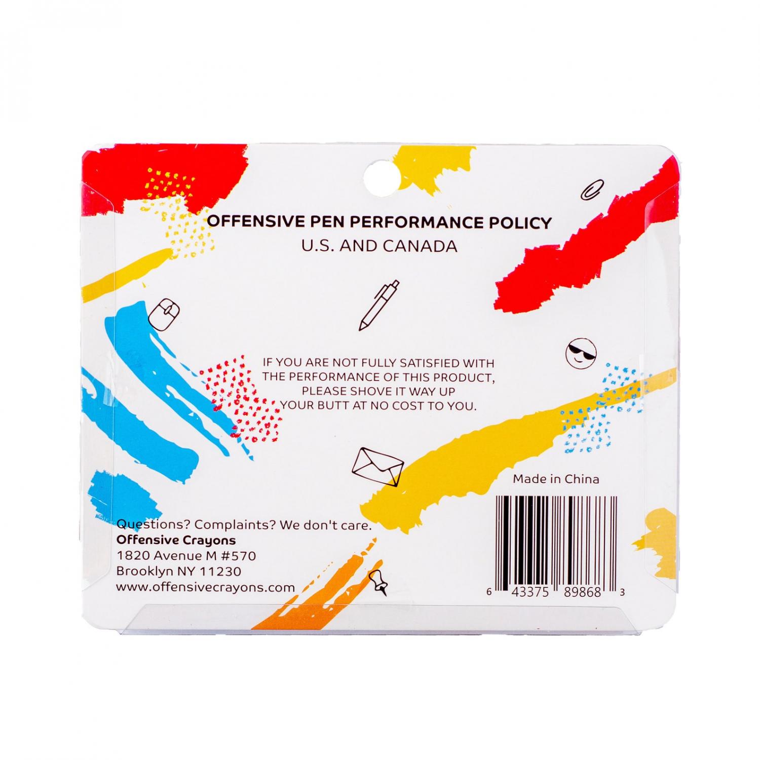 Red, yellow, green, blue, and orange colored Offensive Office Pens white bg back