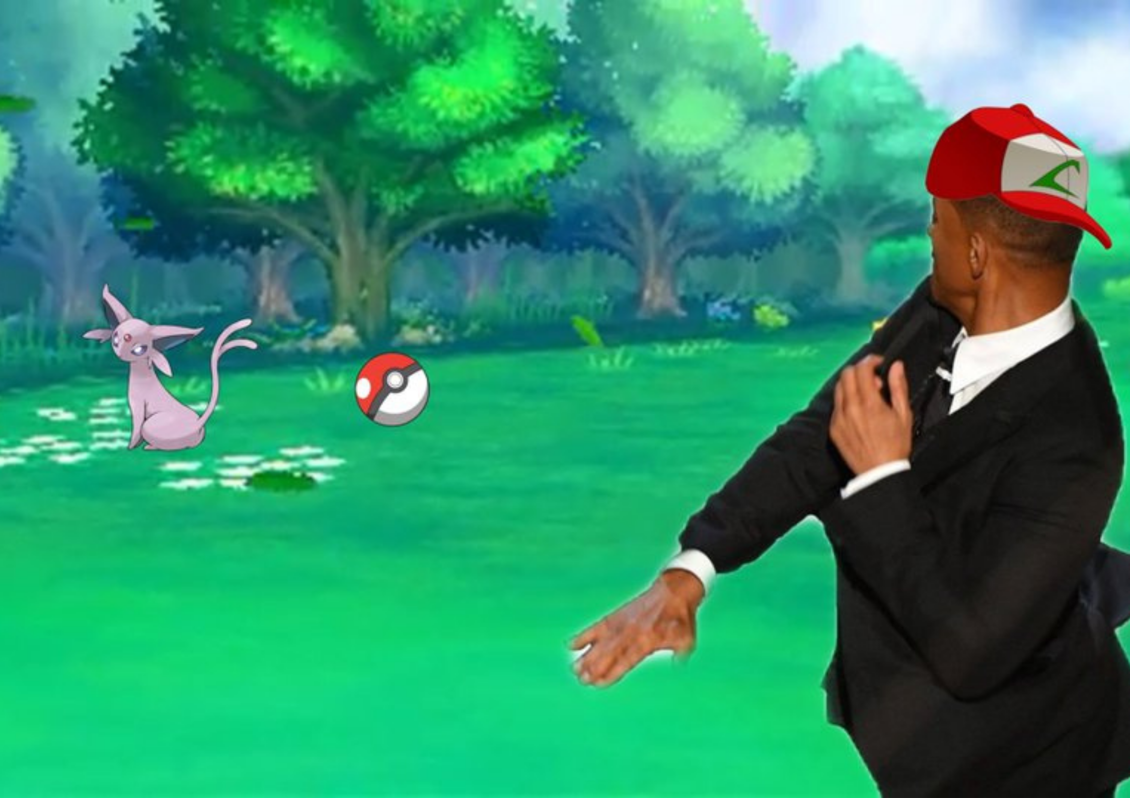 Will smith wearing cap throwing a pokemon ball on the woods