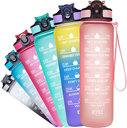 6 Water bottles with time label in different colors