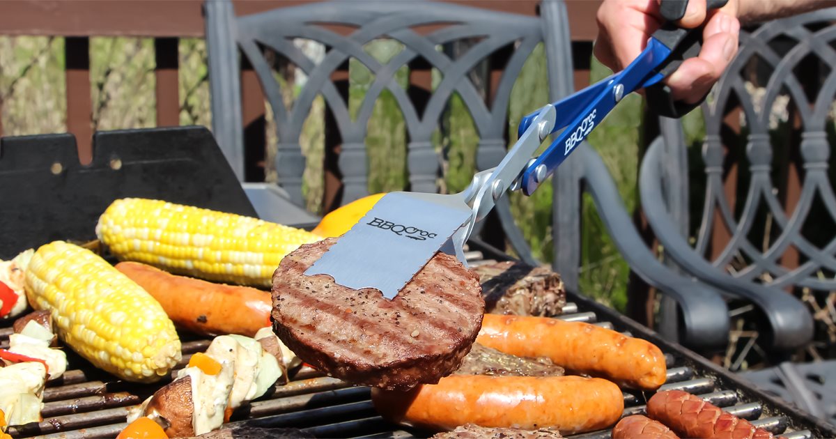 4-In-1 BBQ Tongs Spatula Combo picking meat patties from a griller