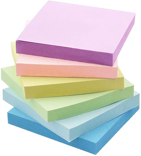Six stacks of 3 by 3 sticky notes in different colors