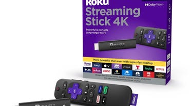 Black colored with purple details Roku 4K streaming stick