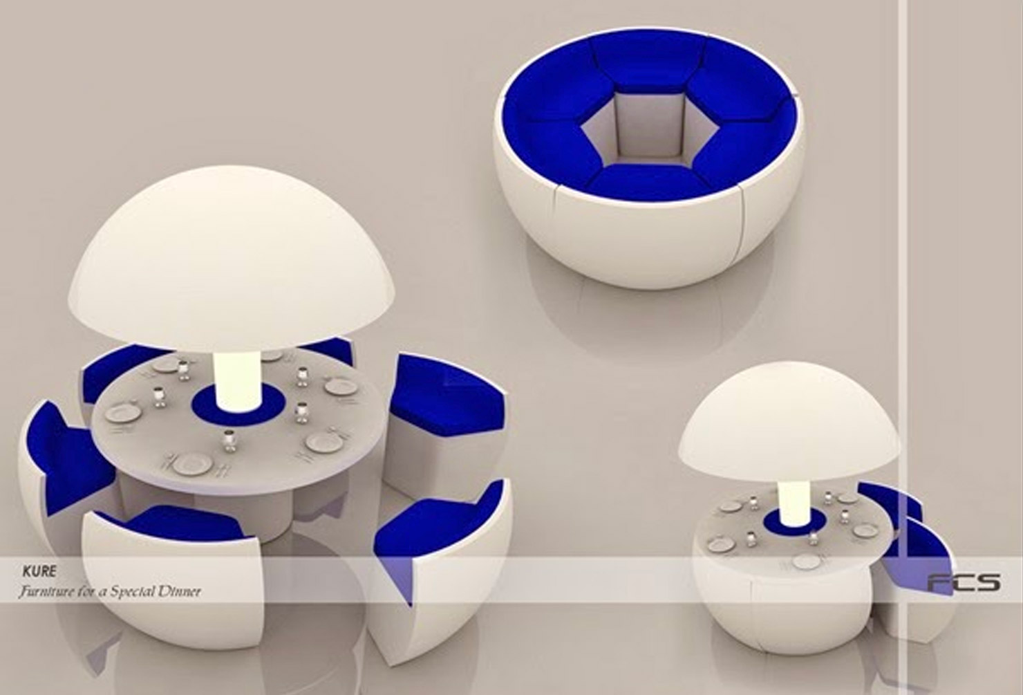 White colored Kure Futuristic Dining Table Turns Into an Egg with blue seat covers