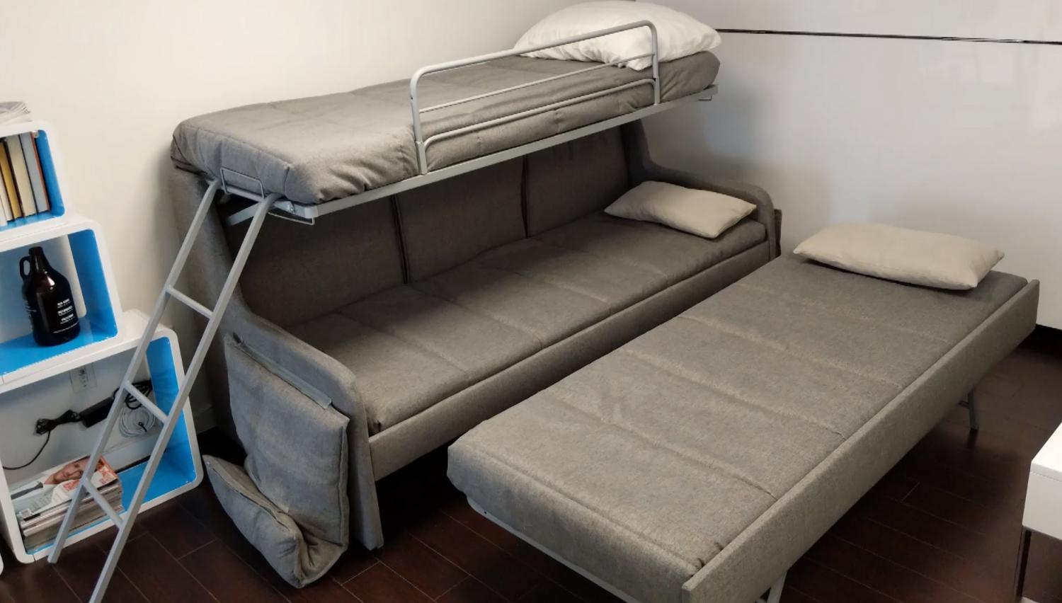 Grey colored Transforming Bunk Bed That Sleeps For 3 in a small room