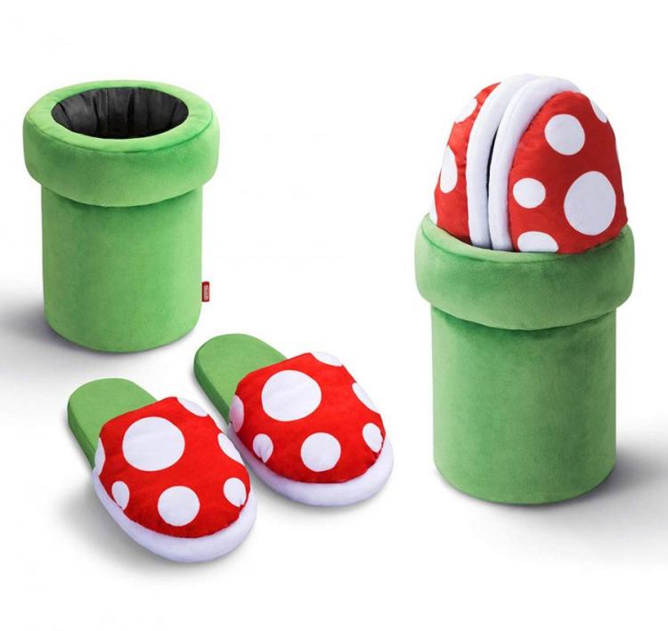 Mario themed polka dot piranha flower-themed slipper in a green colored pipe holder