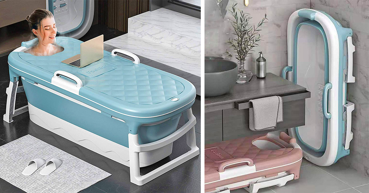 Sky blue and white-colored foldable bath tub