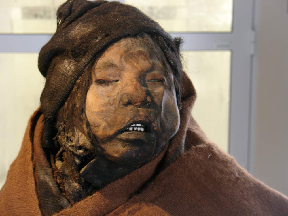 Close up of the face of the mummified children of the Incas