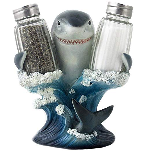Grey, blue, and transparent colored Shark Glass Salt And Pepper Shaker Set And Holding Figurine