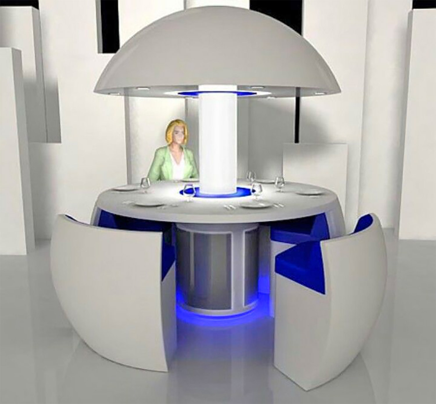 3d image of a green jacket wearing woman sitting on a white colored Kure Futuristic Dining Table Turns Into an Egg