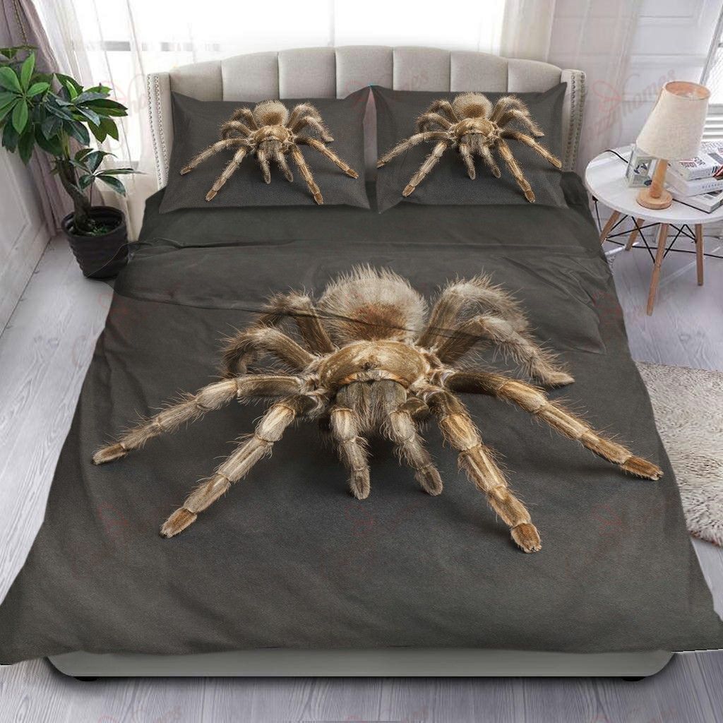 Brown colored giant 3d spider on grey bg bedsheet