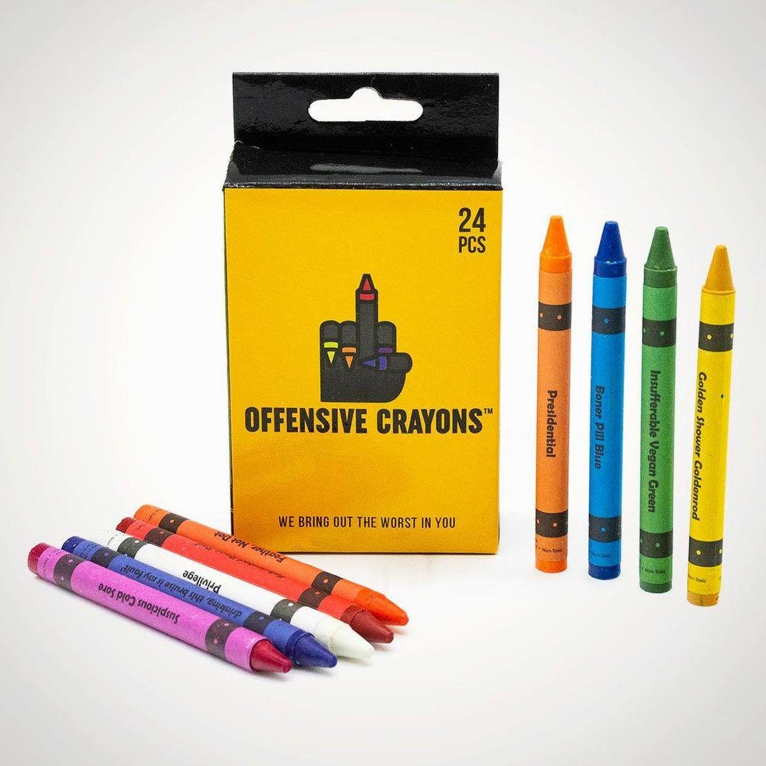 Pack of red, yellow, green, blue, and orange colored Offensive Office crayon Pens