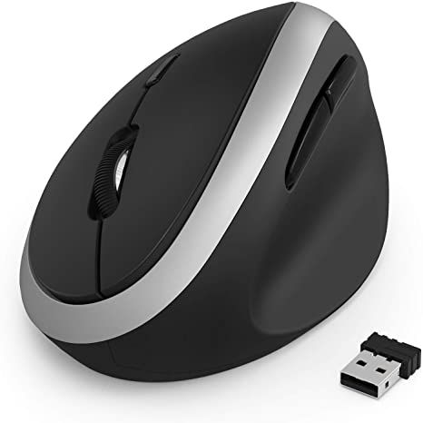 A wireless optical mouse with its USB connector