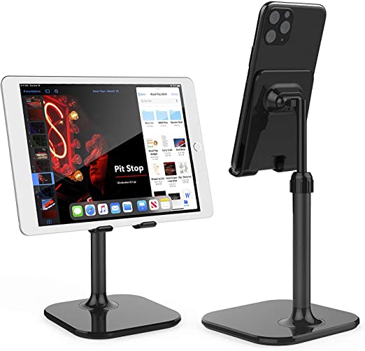 Two black Cell Phone Stands with gadgets