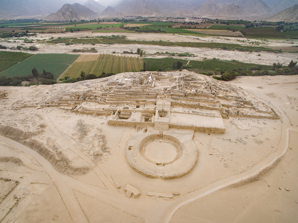 Aerial view of caral pyramid complex Peru