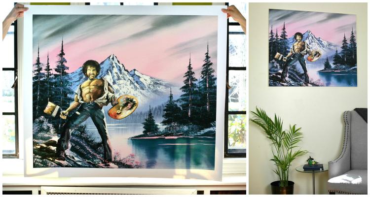 Bob ross in a painting on a white wall 