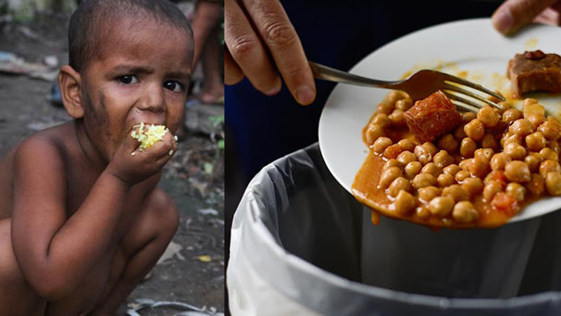 A young boy using his bare hands eating and food in a white plate is pouring in a trash