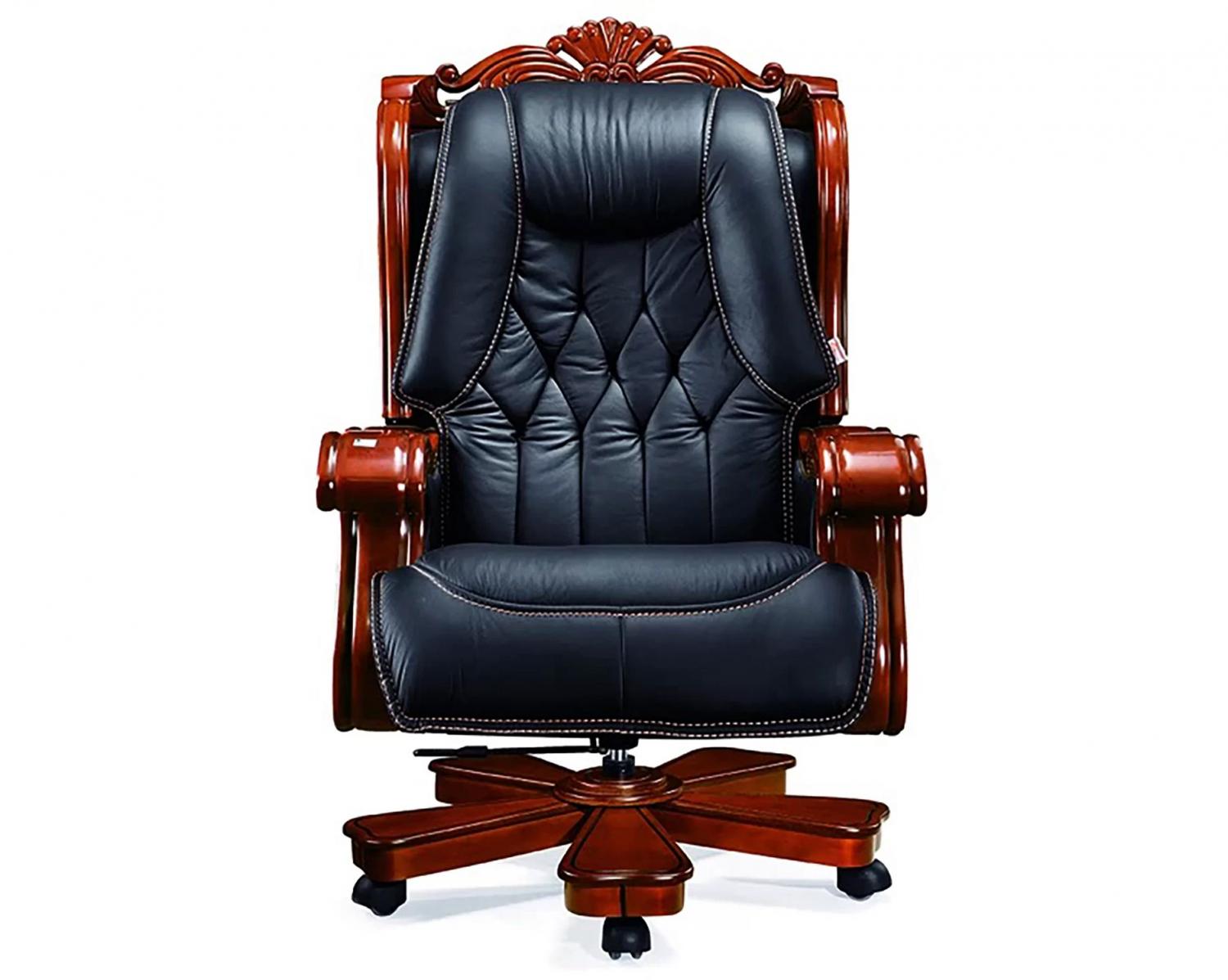 Black leather dark brown wooden chair