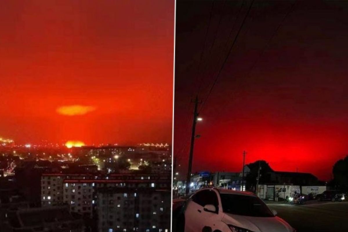 Bright crimson red sky happening in the China