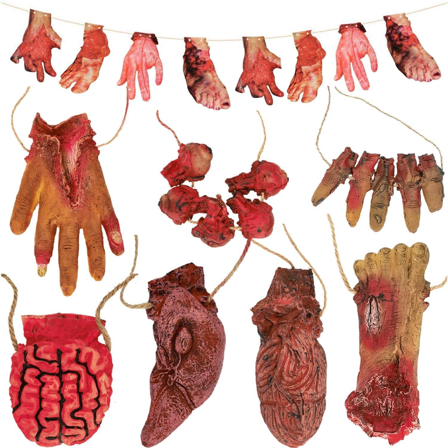 Fake body parts and organs including Hanging hands, feet, brain, liver and fingers