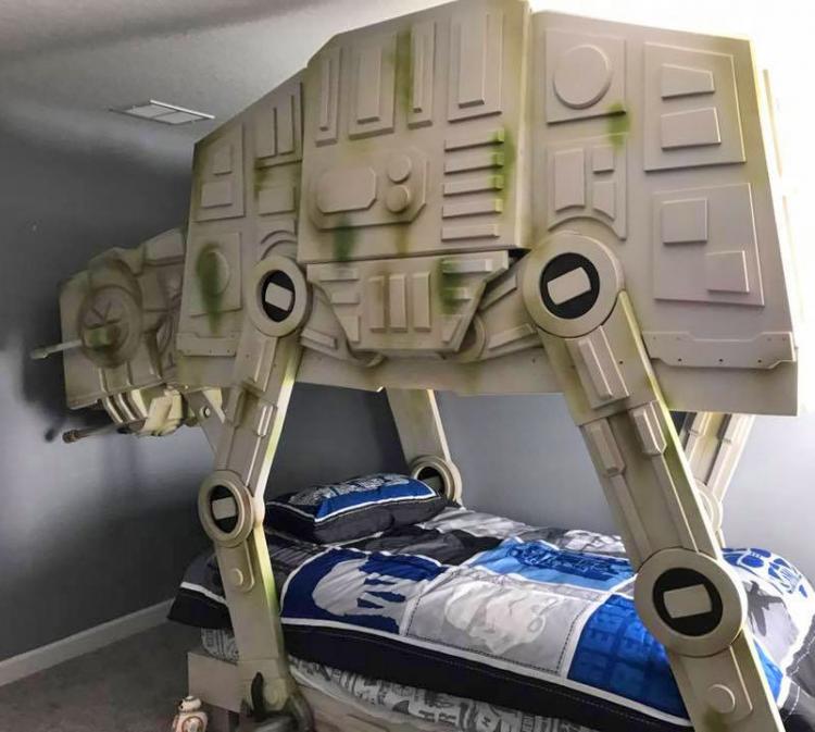 Giant AT-AT white robot-themed bed with blue gr