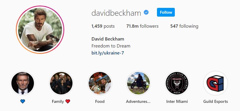 David Beckham Intagram screenshot and below are the six circles showing different Instagram story
