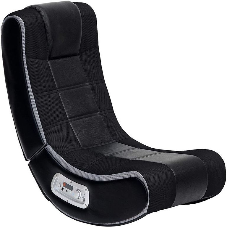 Black colored v-shaped gaming chair with a white controller panel on its right side