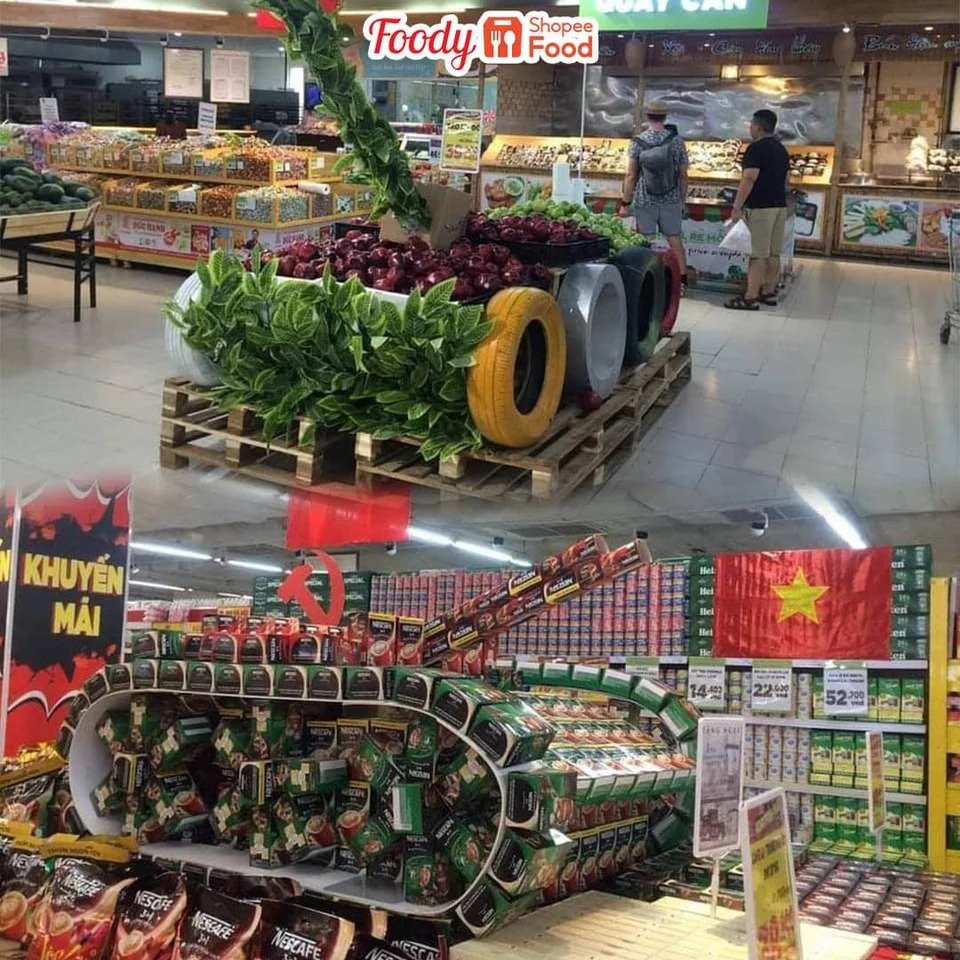 Supermarts celebrating the vietnam victory day with tanks made from groceries