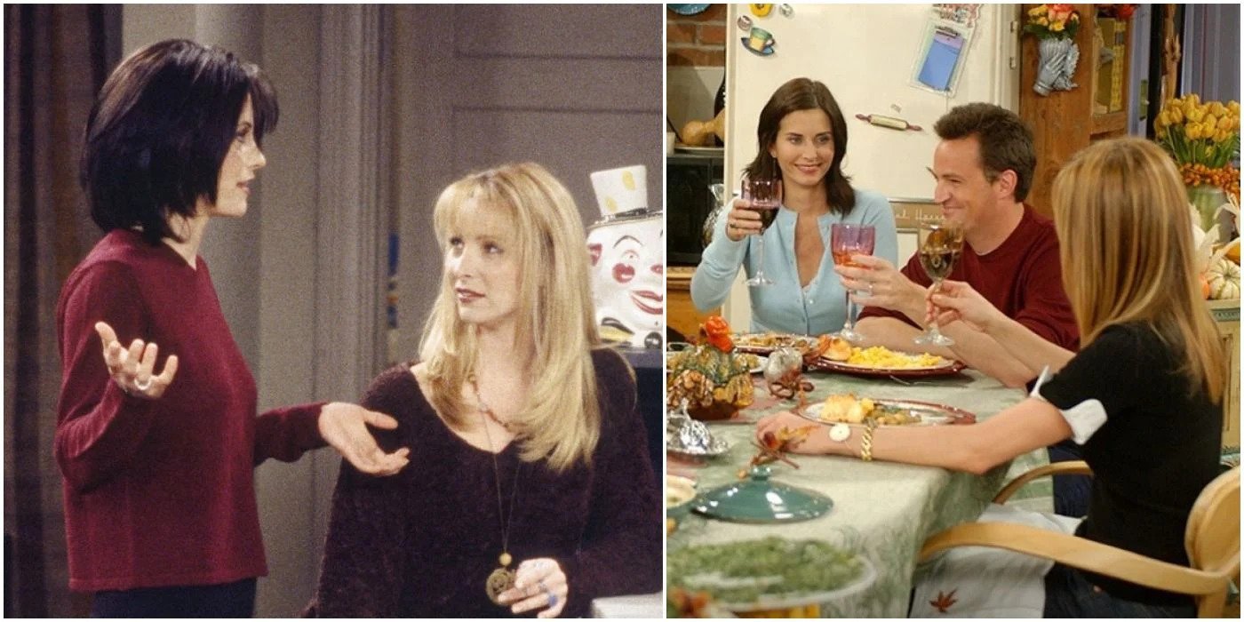 Monica and pheobe talking to each other; three characters of Friends having dinner on dinner table