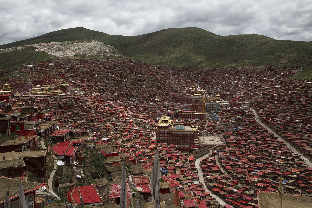 A drone shot of Larung gar community of Tibet